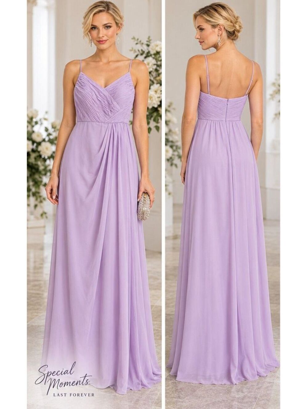 Lavender Chiffon Formal Gown Sz 16 Pleated Spaghetti Strap Bridesmaid Maxi Lilac